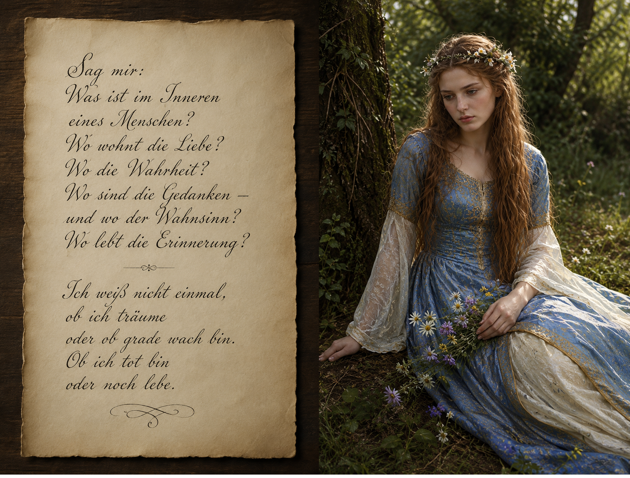 Ophelia sitzt im Wald neben einem Blatt mit Fragen nach Liebe, Wahrheit und Erinnerung.