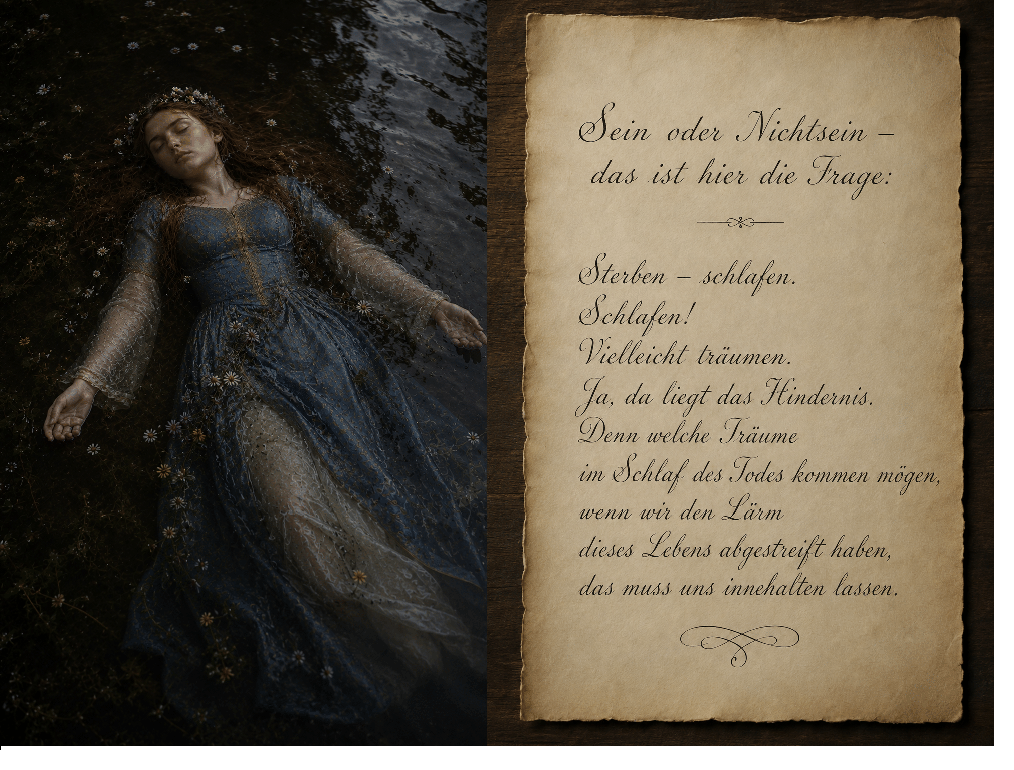 Ophelia treibt im Wasser neben einem Blatt mit Zeilen aus Shakespeares Hamlet.